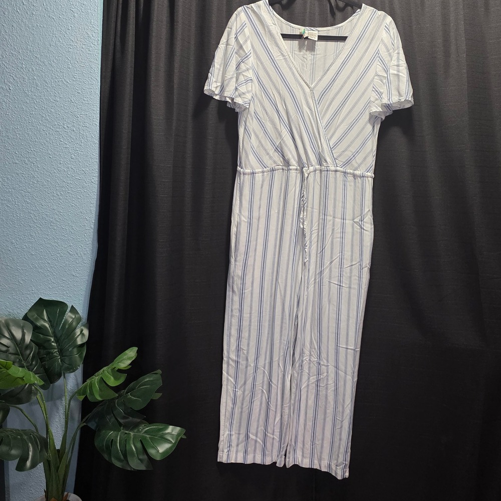 Mimi Chica Womens Blue White Striped Wide Leg Jumpsuit Size Large